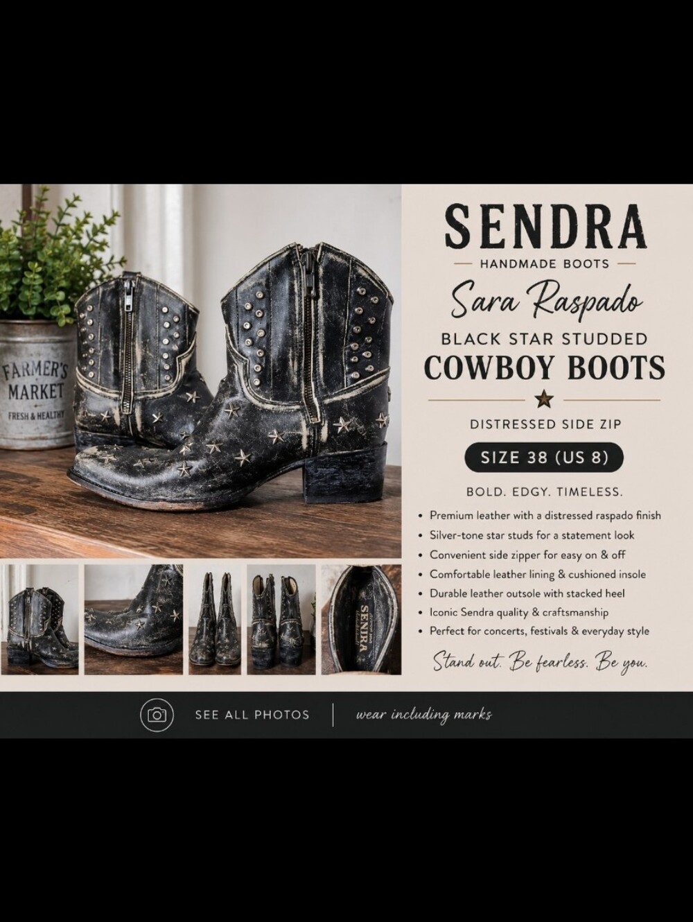 SENDRA Sara Raspado Black Star Studded Cowboy Boots Distressed Side Zip 38 8